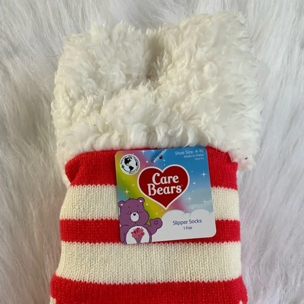 Care Bears Slipper Socks Womens Shoe Size 4-10 Fuzzy Cheer Bear Red Pull‎ On